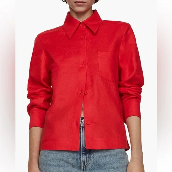 Mango Linen Button Up Shirt Coral Red 8 - Picture 3 of 5